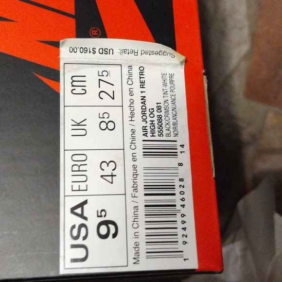 Air Jordan 1 Retro high OG Black Crimson TNT White Size 9.5 - Picture 9 of 9